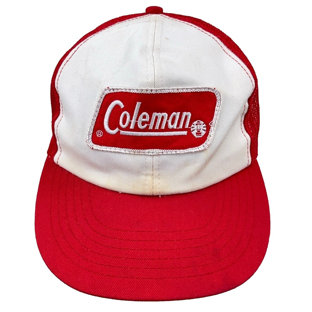 Vintage Coleman Trucker Hat Cap Snapback Patch Red White Camp Lantern 80s 90s